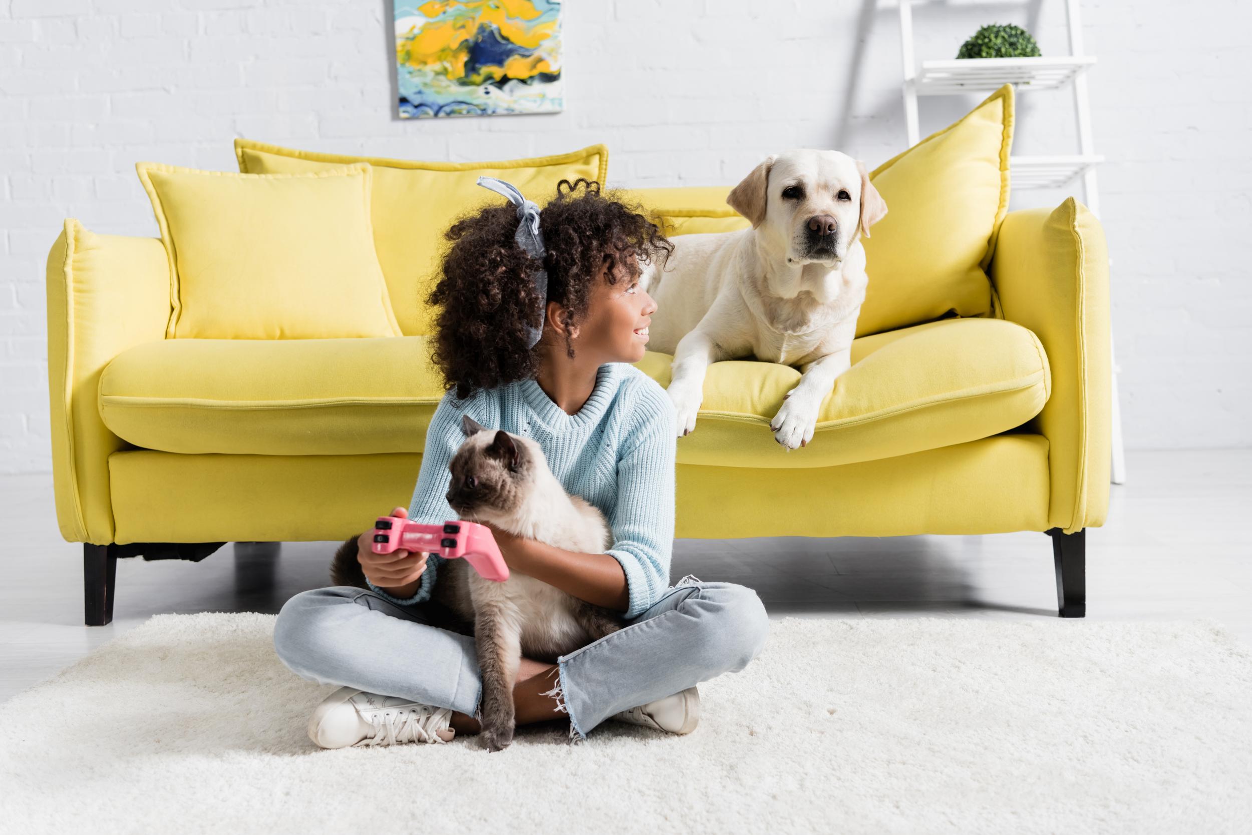 Girl with pets on yellow couch